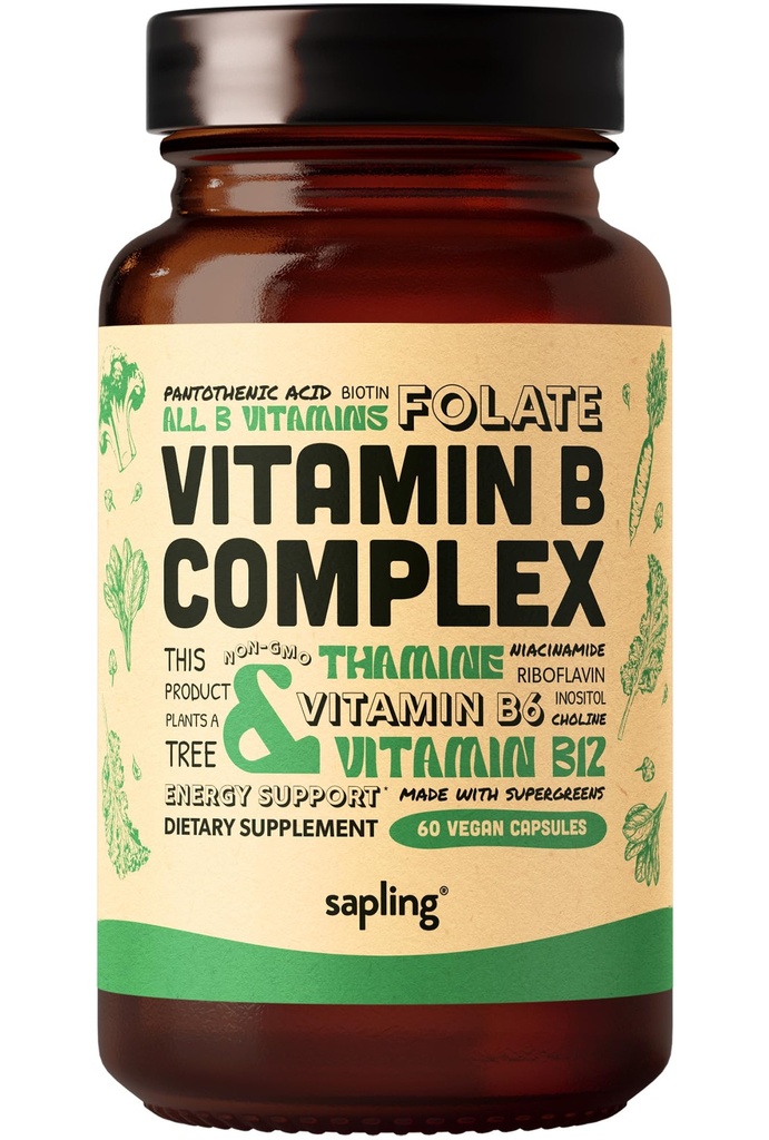 幼苗维根维生素B 复合体 - 基本B维生素B1,B2,B3,B5,B6,B7,Folate,B12-60 Caps的全食品混合体