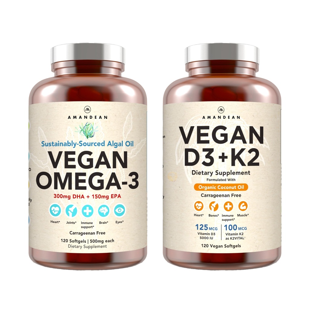 Vegan Powerhouse Combo. Omega-3来自藻类石油和维生素D3 + K2. 来自藻类的工厂型5000 iu VIT D. 100 mcg All-Trans MK-7 Vita K. Carrageenan Free Vegie Softgels.
