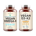 Vegan Powerhouse Combo. Omega-3来自藻类石油和维生素D3 + K2. 来自藻类的工厂型5000 iu VIT D. 100 mcg All-Trans MK-7 Vita K. Carrageenan Free Vegie Softgels.