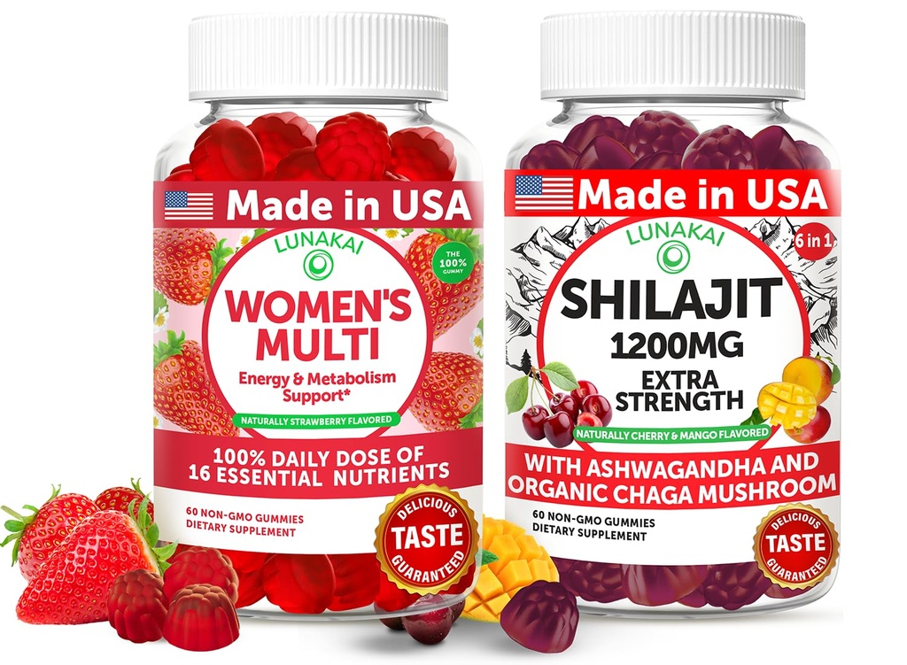 Lunakai 美国制造了多维塔明和Shilajit Gummys Bundle – 能源、免疫和生命力支持 – 自然分裂 – 60 非GMO Gummys 每人