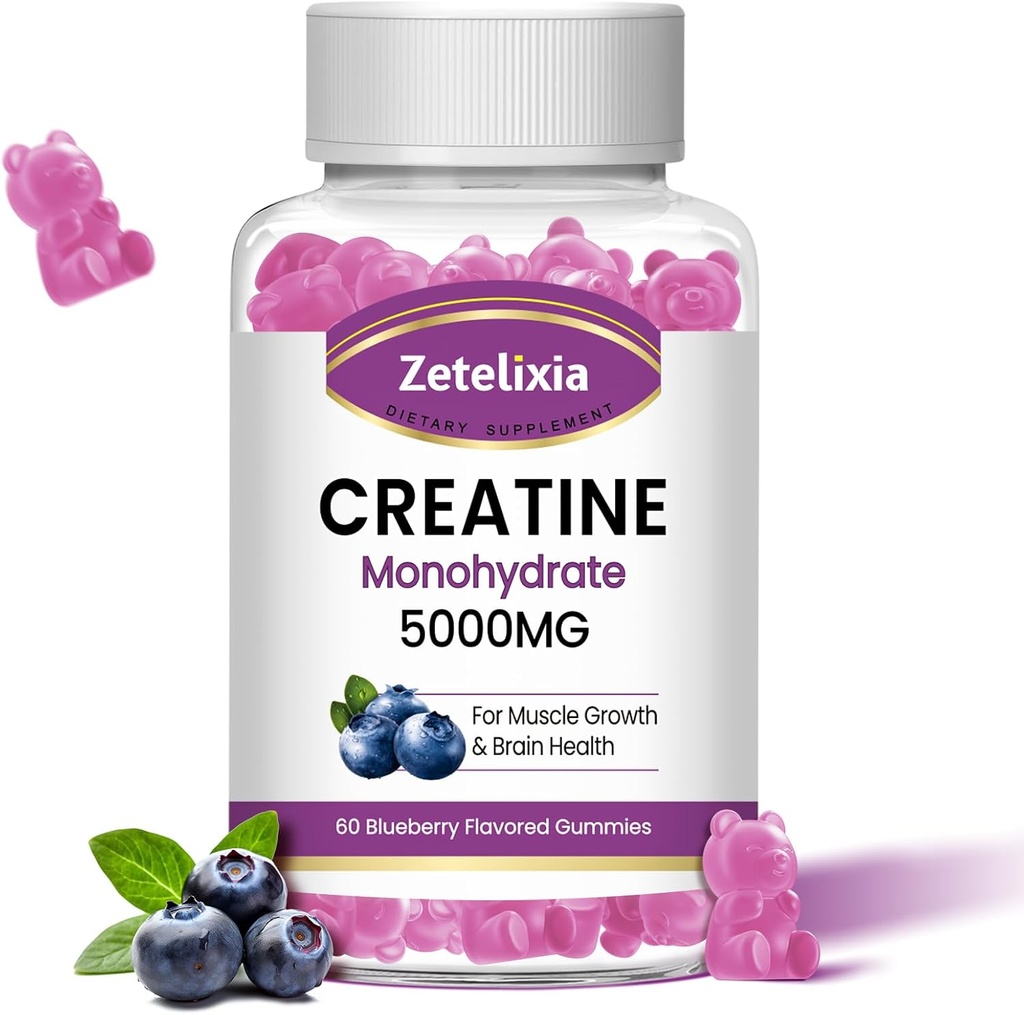 Creatine Monohydrate Gummys 5g for Men & Women, Chewables Creatine Monohydrate for Muscle Force & Muscle Builder, Vitamin B12 for Energy Support, Non-GMO, Blueberry Flavor, 60 Counter (英语).