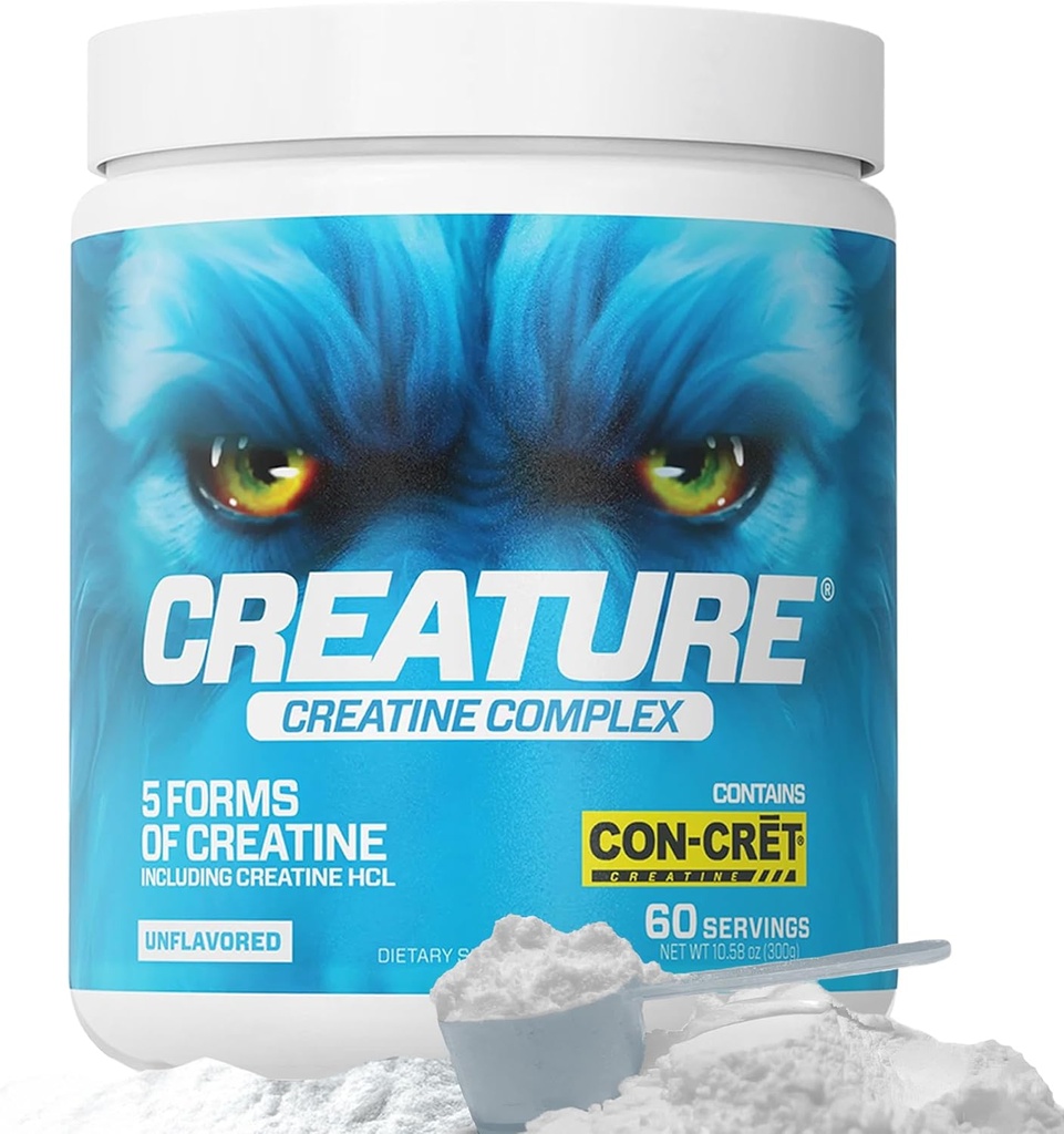 CREATURE 克里塔因综合体 - 克里塔因单水合物粉末,含有5种克里塔因,包括Con-Crêt® Creatine HCL,促进肌肉,强力,耐力,脑健康,不受欢迎,300g 60服务