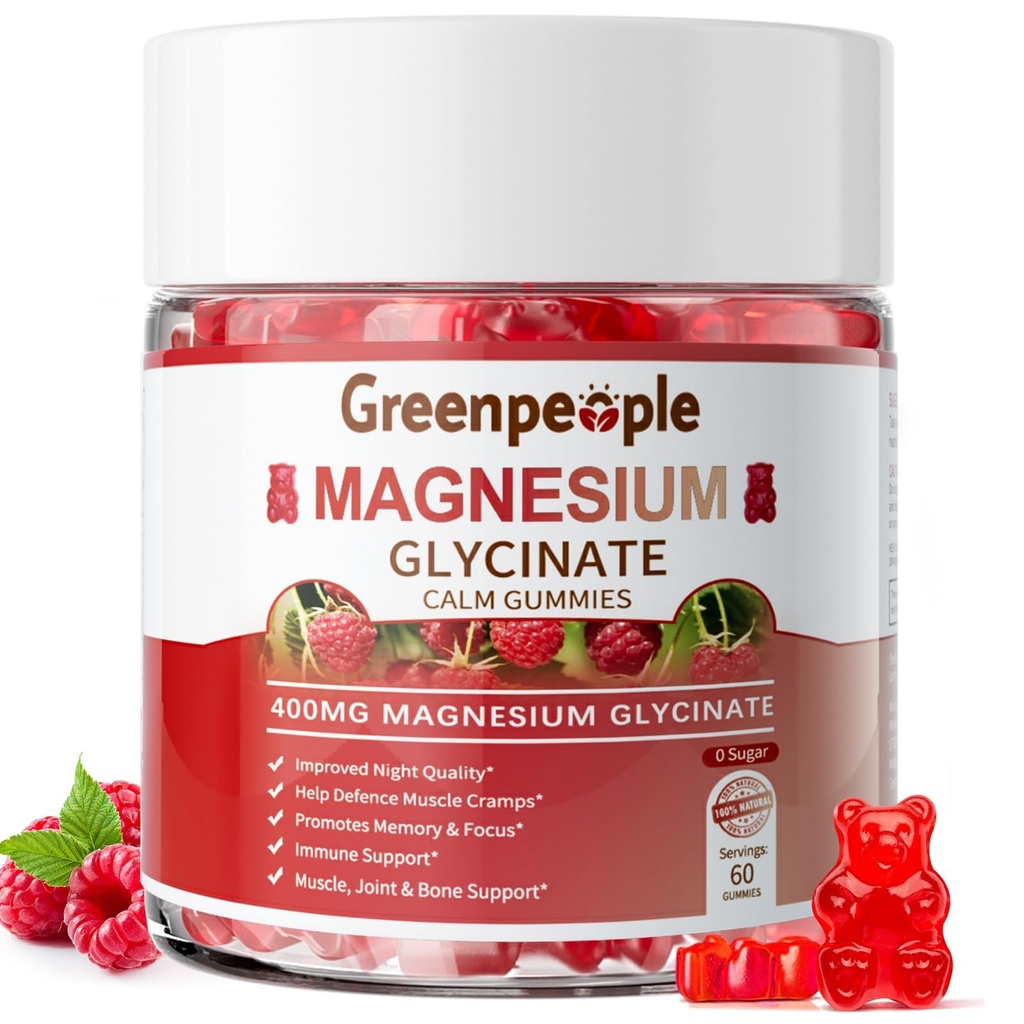GREENPEOPLE Magnesium Glycinate Gummies 400mg - Sugar Free Magnesium Supplement with Magnesio Citrate, Vitamin D, and B6 for Calm Support & Sleep for Adults - High Absorption - Raspberry Gummies