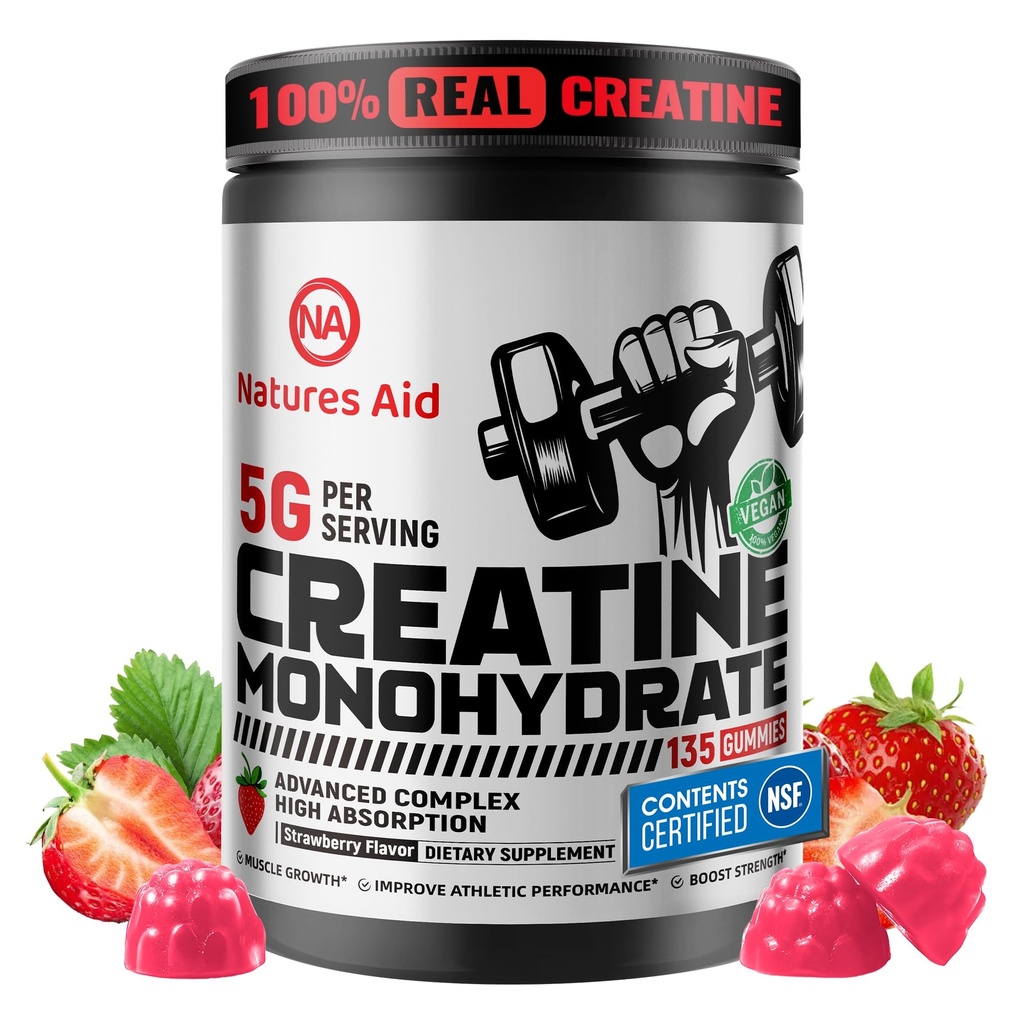 Natures Aid NSF Certified Creatine Gummy 5g - Creatine Monohydrate Gummies – Pre-Workout Energy & Muscle Growth Support for Men & Women | Strawberry Electrolyte Gummies (135 Count)
