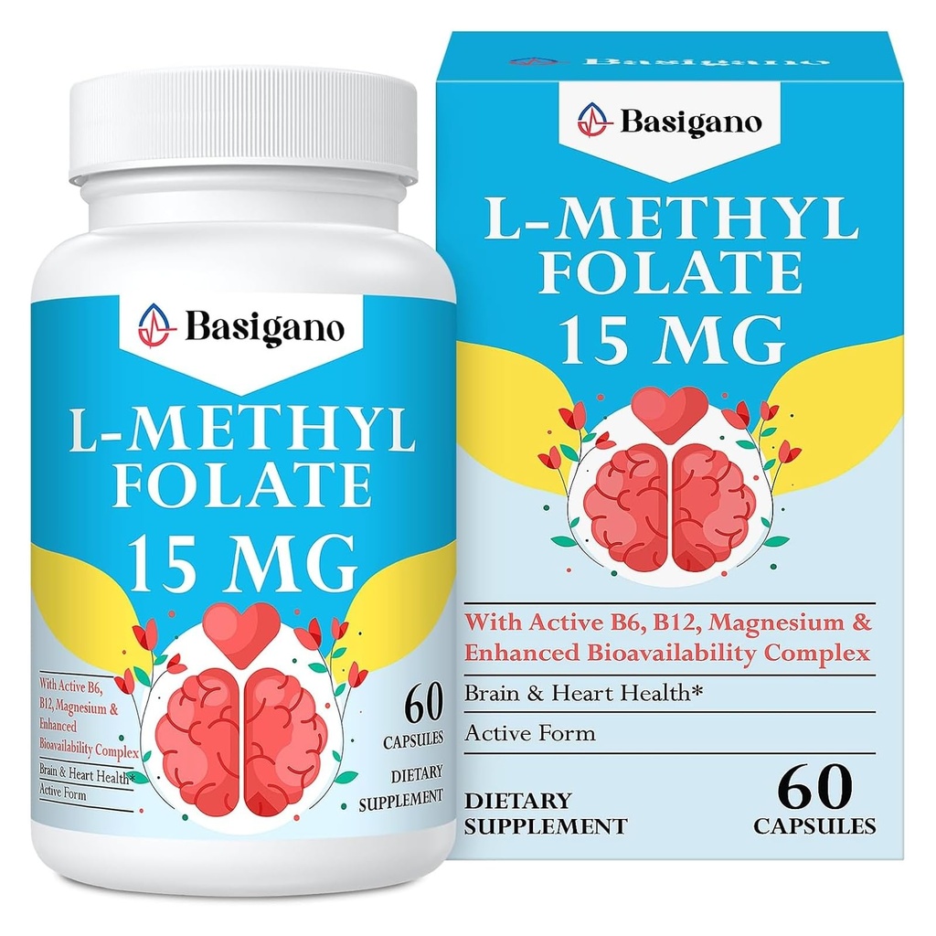 15mg L 甲基folate(5-MTHF) - 富含维生素B6和B12-60的活性氟酸盐 - 非GMO,无葡萄糖
