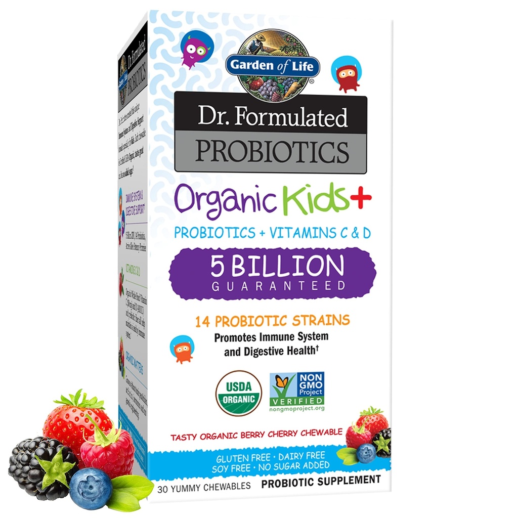 Garden of Life Dr. Formulated Probiotics Organic Kids+ - Digestive Health Support with Prebiotic Fiber & Vitamins C & D - Supports Immune Function - Berry Cherry, 30 Yummy Chewables