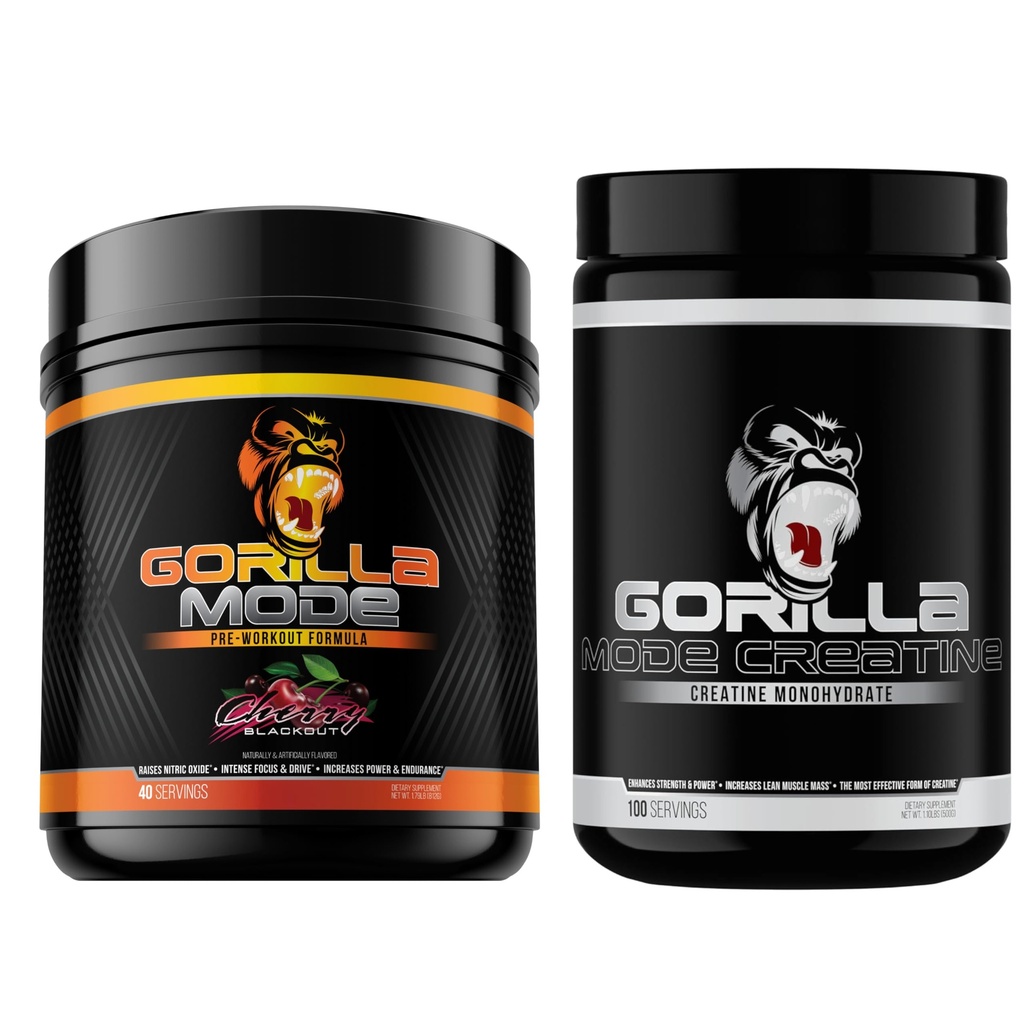 Gorilla Mind Pre Workout (Cherry) + Creatine (100 Serv.) - Comprehensive Stack for Improved Strength, Power Output, and Muscle Size