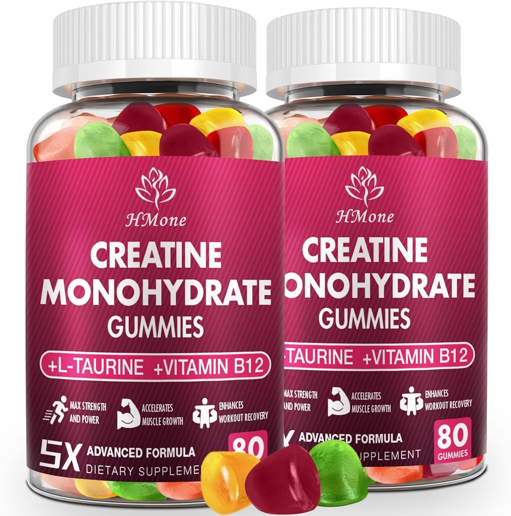 Creatine Monohydrate Gummys - 男子和女子5g, 160 Counter and Creatine Chewable Supplements for Muscle Gain, 肌肉强力, 能量靴, 和肌肉构建器, 无糖, Vegan