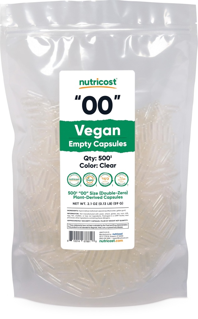 Nutricost Empty Capsules Size 00 Vegan - 500 Clear Empty Plant-Based Capsules - Kosher Certified, Halal Certified, Non-GMO, Soy Free, Gluten Free, Vegetarian