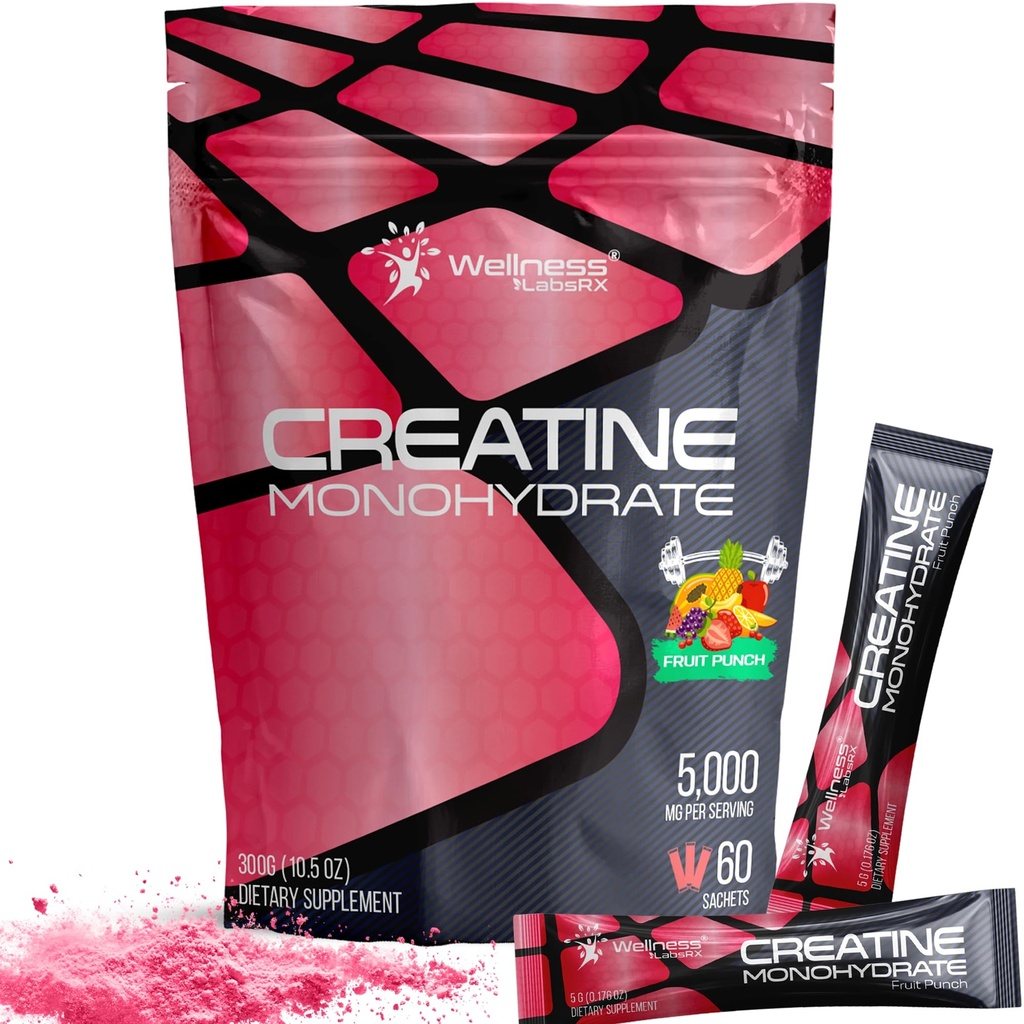 井喷LABSRX Creatine 单水合物粉 - 5000mg,水果冲压 - 60 Sachets - 300g