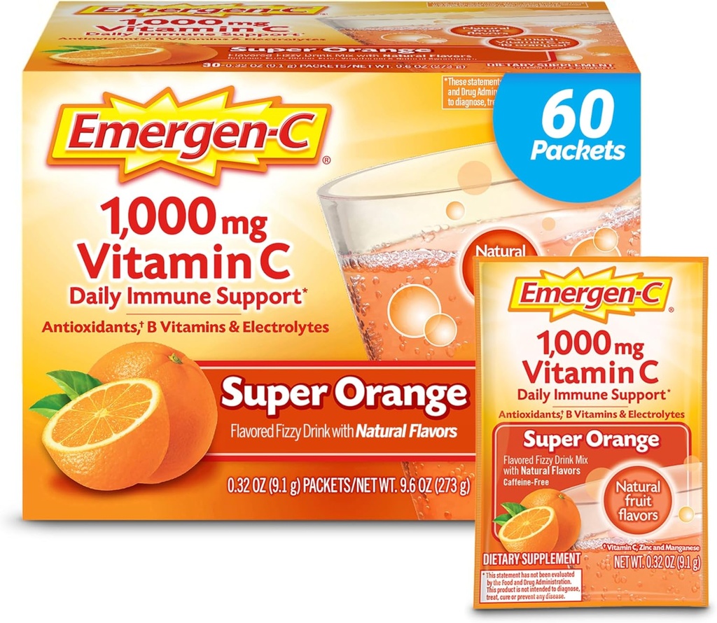 Emergen-C 1000mg 维他命 C 粉 日用 维他命 咖啡因 免费维他命 C 配有 Zinc 和 Manganese , B 维他命 和电解质 超级橙色 Flavor - 60 Count/2 Month 供应