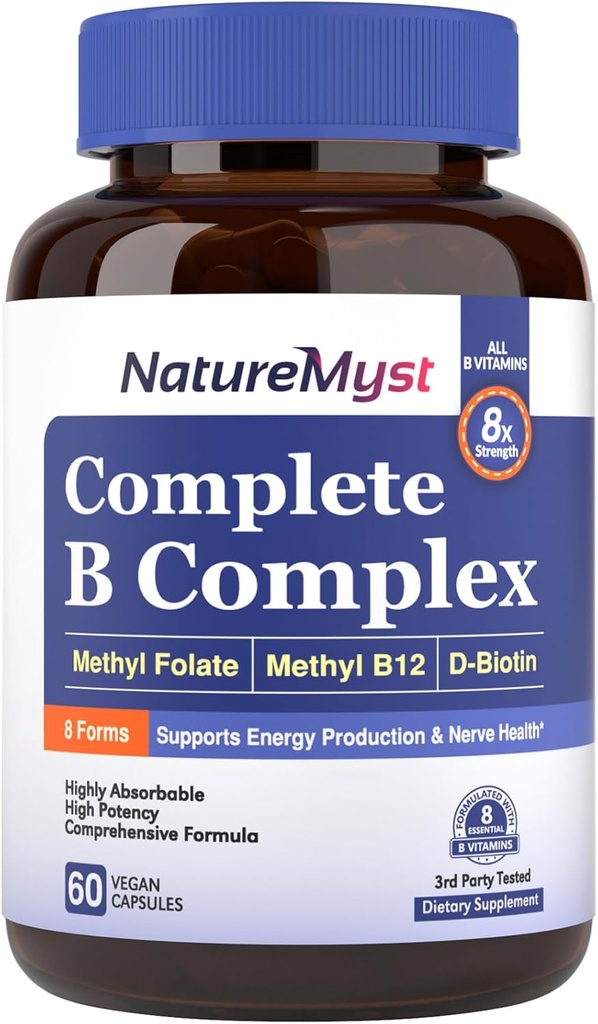 Complete B Complex, All 8 B Vitamins, Methyl B12, Methyl Folate, Biotin, P-5-P, Highly Absorbable, Energy Production, 60 Vegan Caps