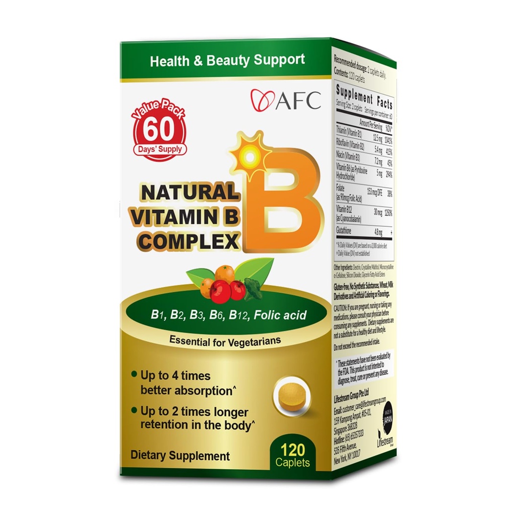 AFC Japan Natural Vitamin B Complex 配有 B1, B2, B3, B6, B12, Folic Acid & Gluutathione Yeast 提取, 无合成, 非GMO, 压力补充, 能量, Imune & Nervous System,120 Vegan Caplets