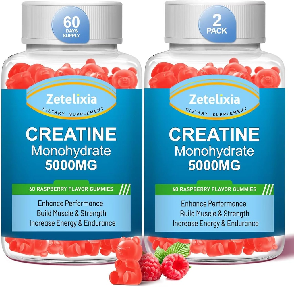 2 Pack Creatine Monohydrate Gummys, Creatine Monohydrate for Men and Women, 增强配方 BCAA,维生素B12, Taurine, 肌肉支持, 能量靴, 无糖, Vegan, 120 Count