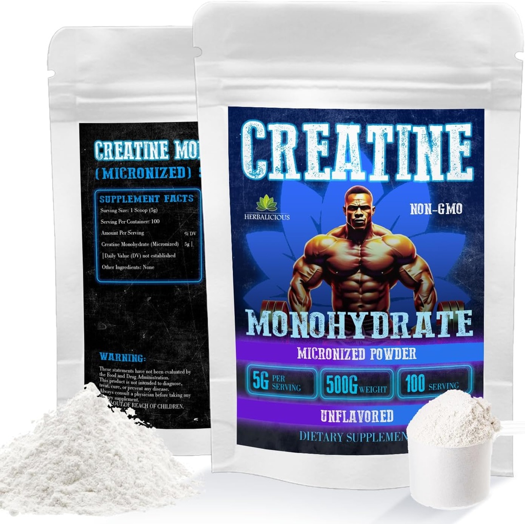 HERBALICIUS CREATINE 单水合物微粉 – 5g / 为力量,力量和性能服务 – 不受欢迎的,非GMO 公式 – 100 个服务,500g