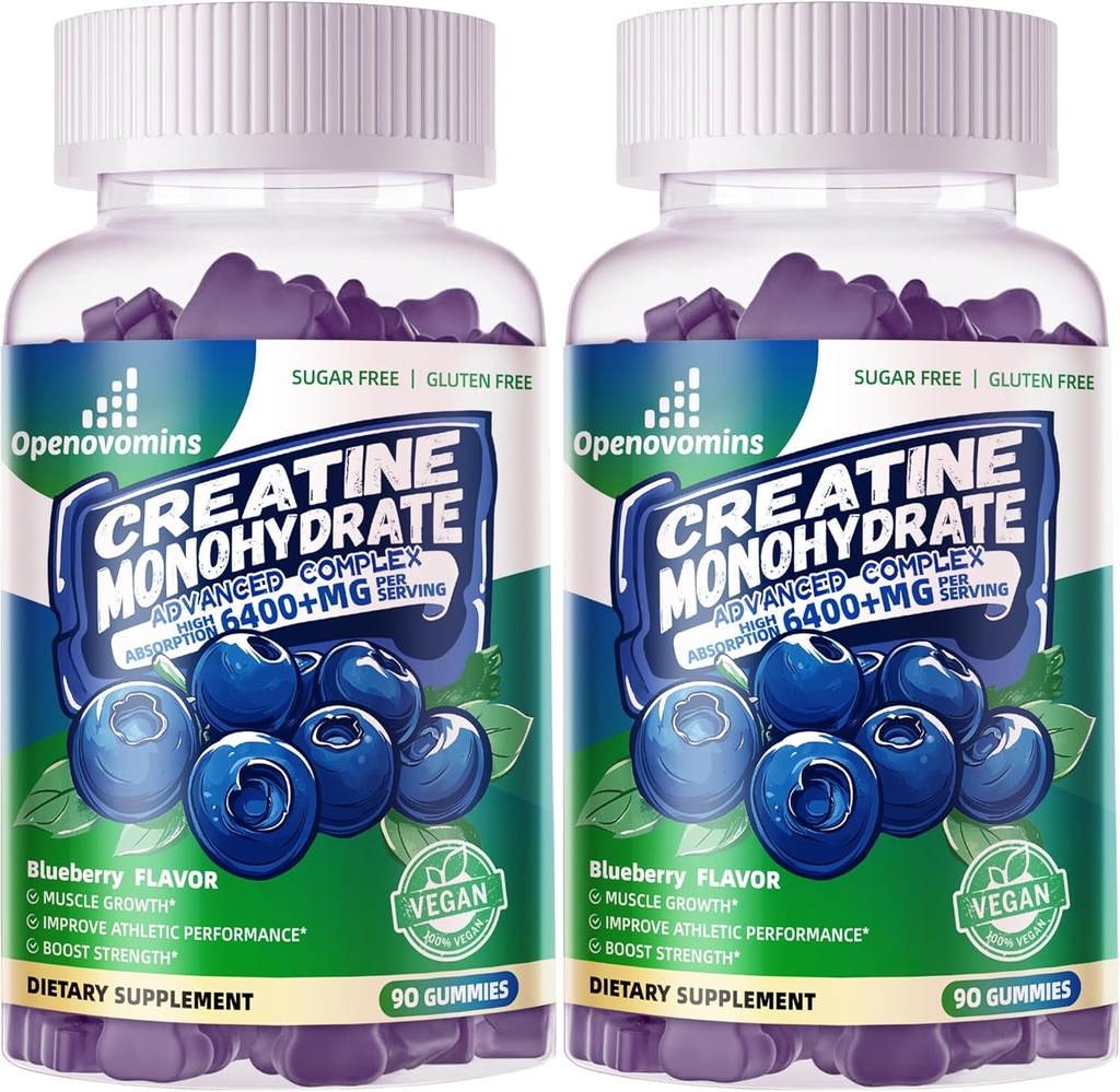Creatine Monohydrate Gummys Complex for Men and Women - Advanced Formula W/L-Taurine + Vitamin B12, 糖无嚼补充,180 蓝莓Gummys 2 pack