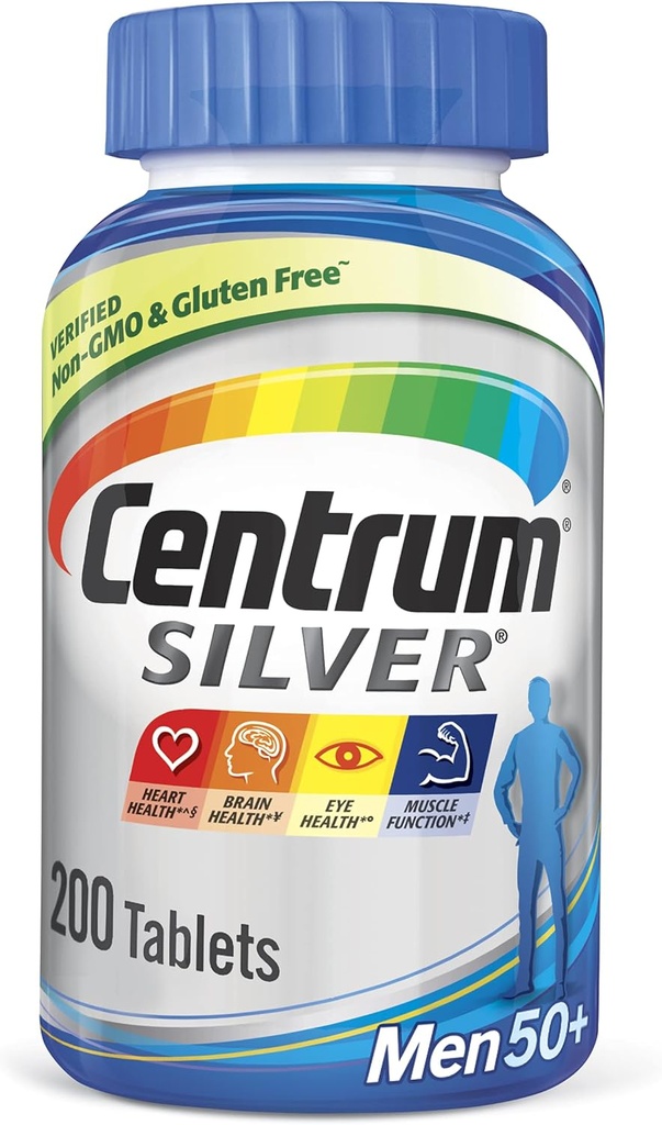 Centrum Silver Multivitamin for Men 50 Plus, Multivitamin/多minar 配有维生素D3,B维生素和锌,Gluten Free,非GMO 配料 - 200 Counter