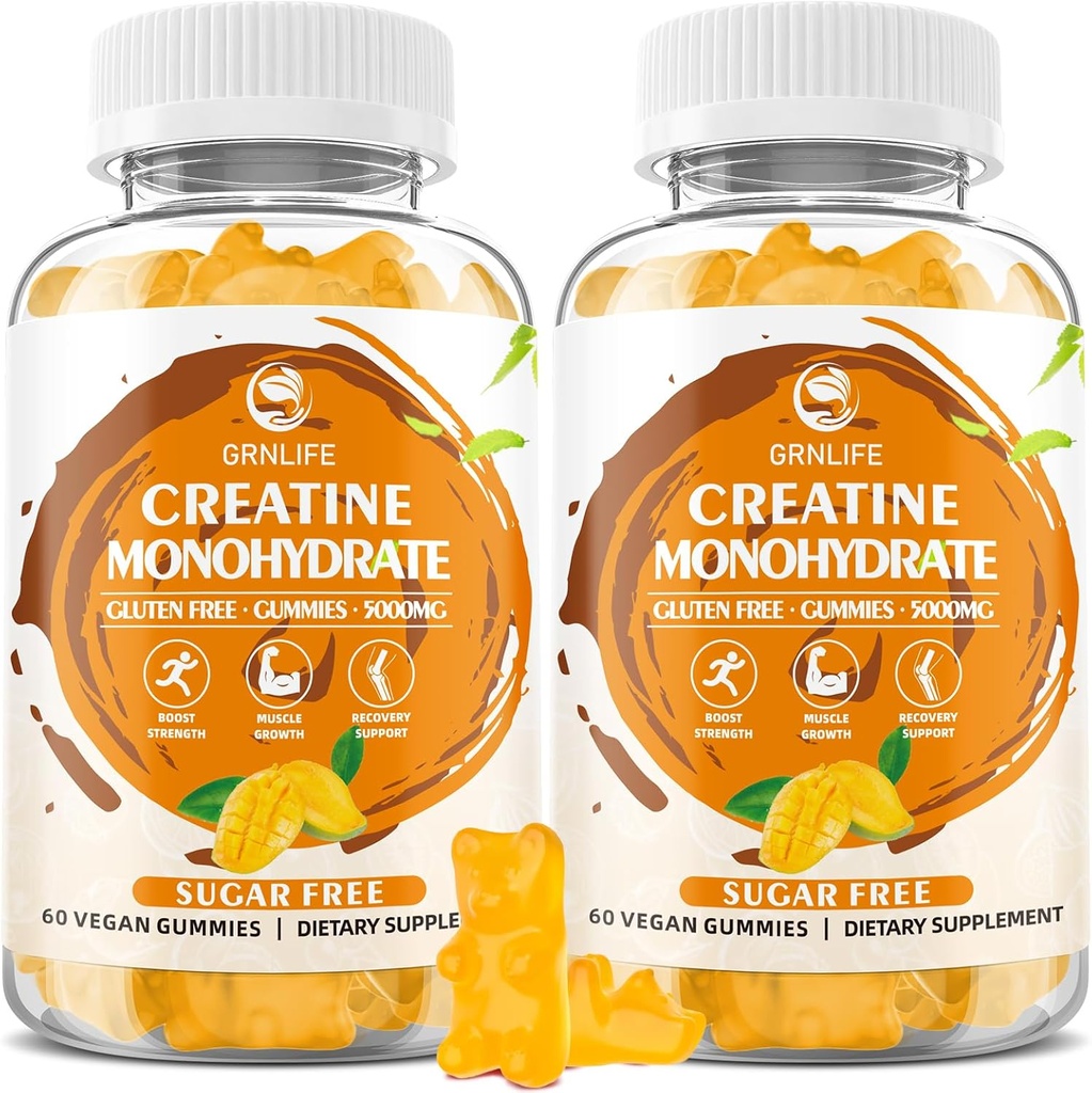 Creatine Monohydrate Gummys for Men & Women, Chewables Creatine Monohydrate for Muscle strong, 肌肉建构器, 能量靴, 无糖, Vegan, 芒果火焰-120 Count