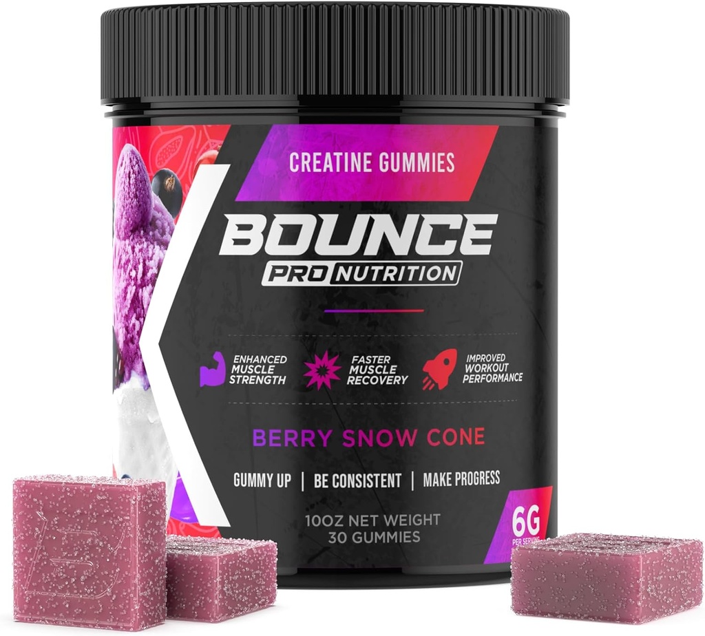 Bounce Pro Creatine Monohydrate Gummys for Men & Women, Low Calore, 6G of Creatine per Service, Vegan, Anti-Melting, Gluten-Free, 非GMO, 2g of Creatine per Gummy (30立方公尺,Berry雪锥)