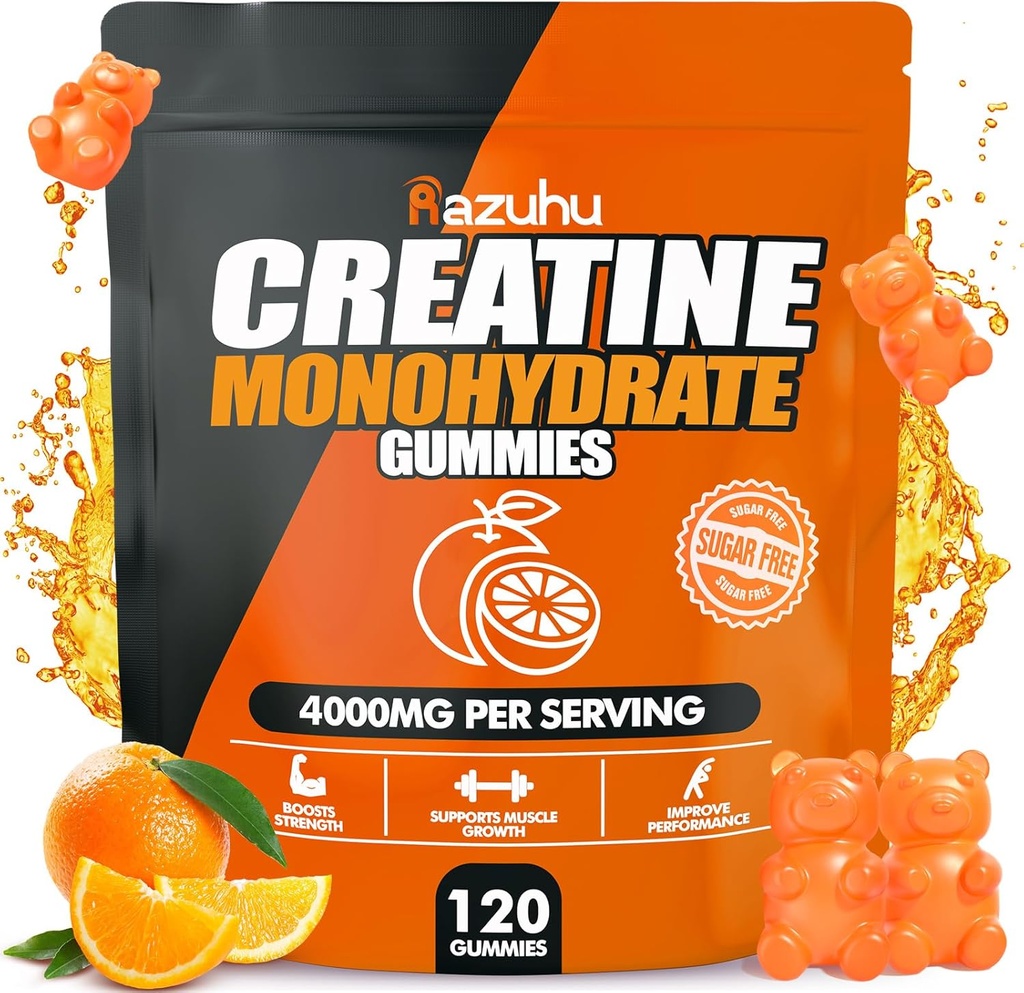 用于男子和女子的Creatine Monohydrate Gummys,每服4克Creatine Monohydrate 用于最大功率,性能,无糖,Vegan,预工补充(120计)-Orange