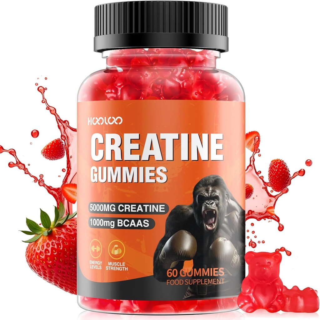 HOOLO Creatine Gummys 5000mg Creatine Monohydrate, 1000mg BCAAs / service – Chewable Vegan 无糖 Gummys,草莓香草(1个月供应量)