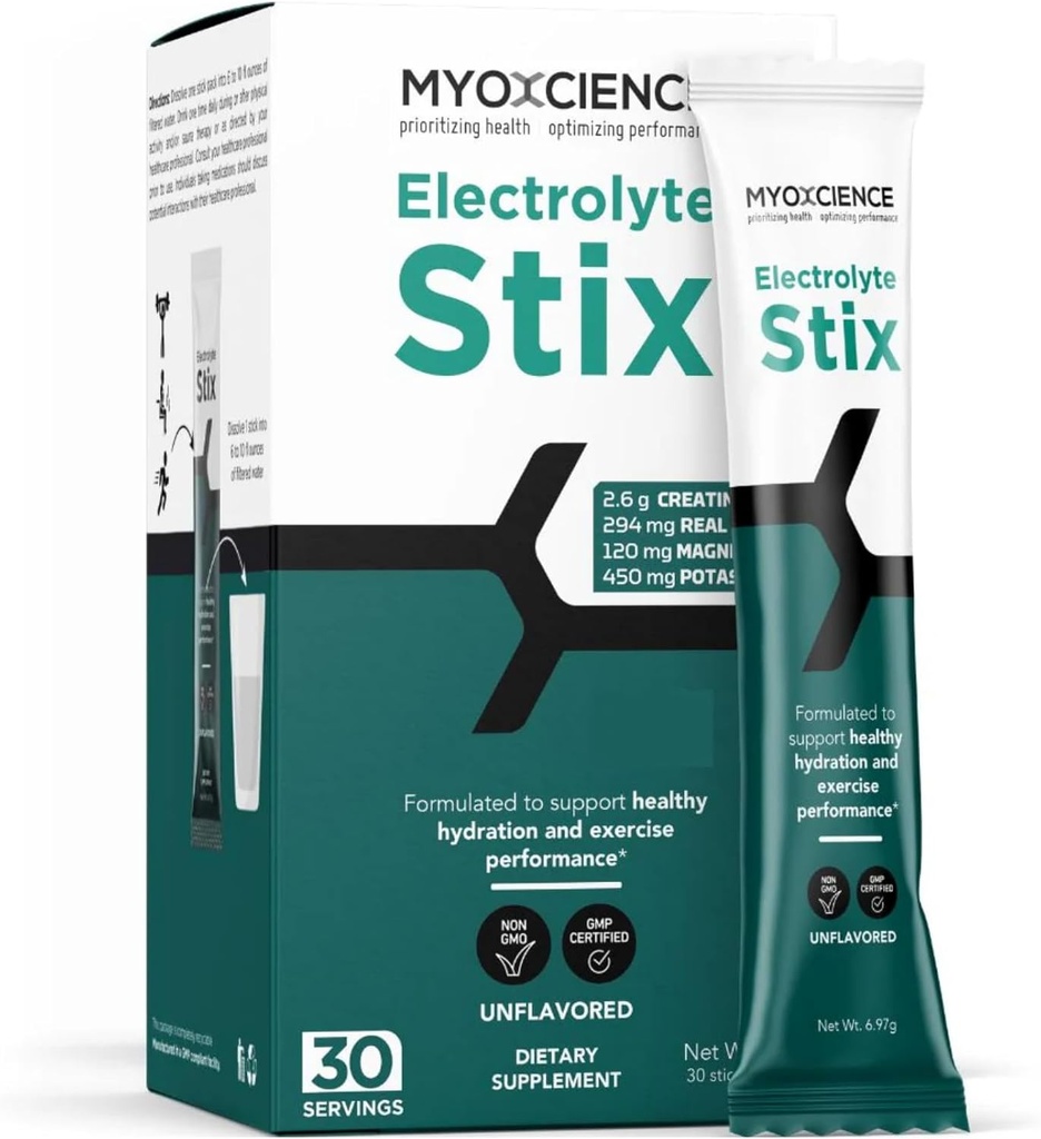 MYOXCIENCE 电解质 STIX → Creatine 电解质 Powder → 从锻炼和肌肉发育中恢复 w/ Real Salt (Unflavored)(Stix 30 ct)