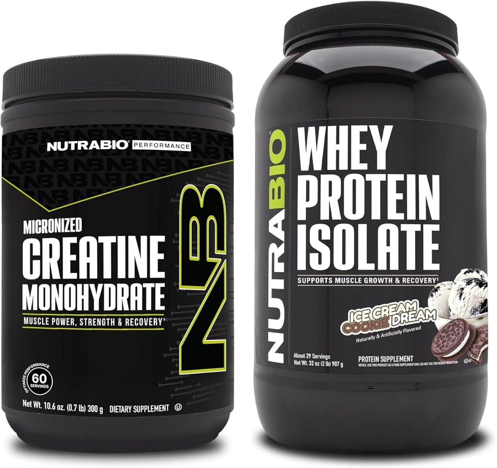 NutraBio Creatine Monohydrate, Unflavored, 300g 和 Whey 蛋白质隔热, 冰凝胶 Cookie Dream, 补充包 - 肌肉能源, 精液肌肉生长, 恢复和强力