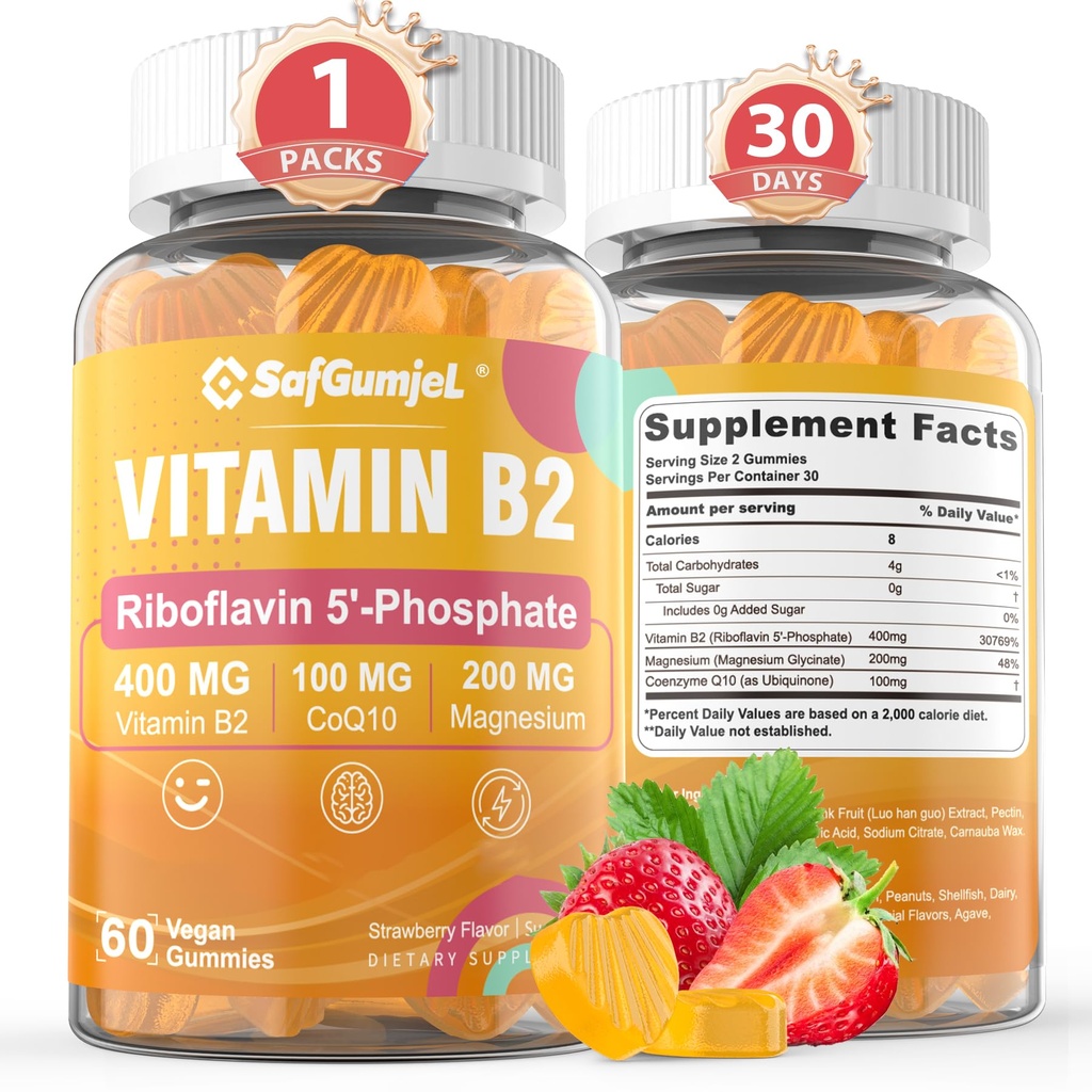 维生素B2 Gummys → Riboflavin 400mg 配以镁 & CoQ10 用于米格雷因救济和头痛救济 → 免糖,维冈,草莓 Flavor, 60 Counter