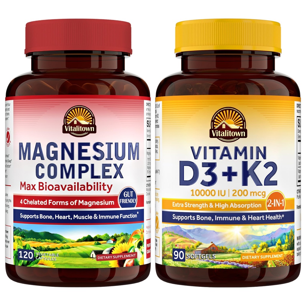 Vitalitown Magnesium Complex & Vitamin D3 K2 Bundle (Pack of 2) & Muscle → Bone Heart Immune & Muscle → Magnesium Glycnit, 10000IU D3, MK-7 → 120 Mag Caps & 90 D3 软胶
