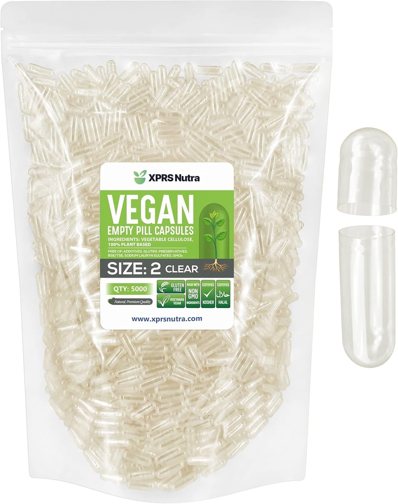 XPRS Nutra Size 2 Empty Capsules - 5000 Clear Empty Vegan - Vegetarian DIY Vegetable Capsule Filling - Veggie Pill Capsules Pills