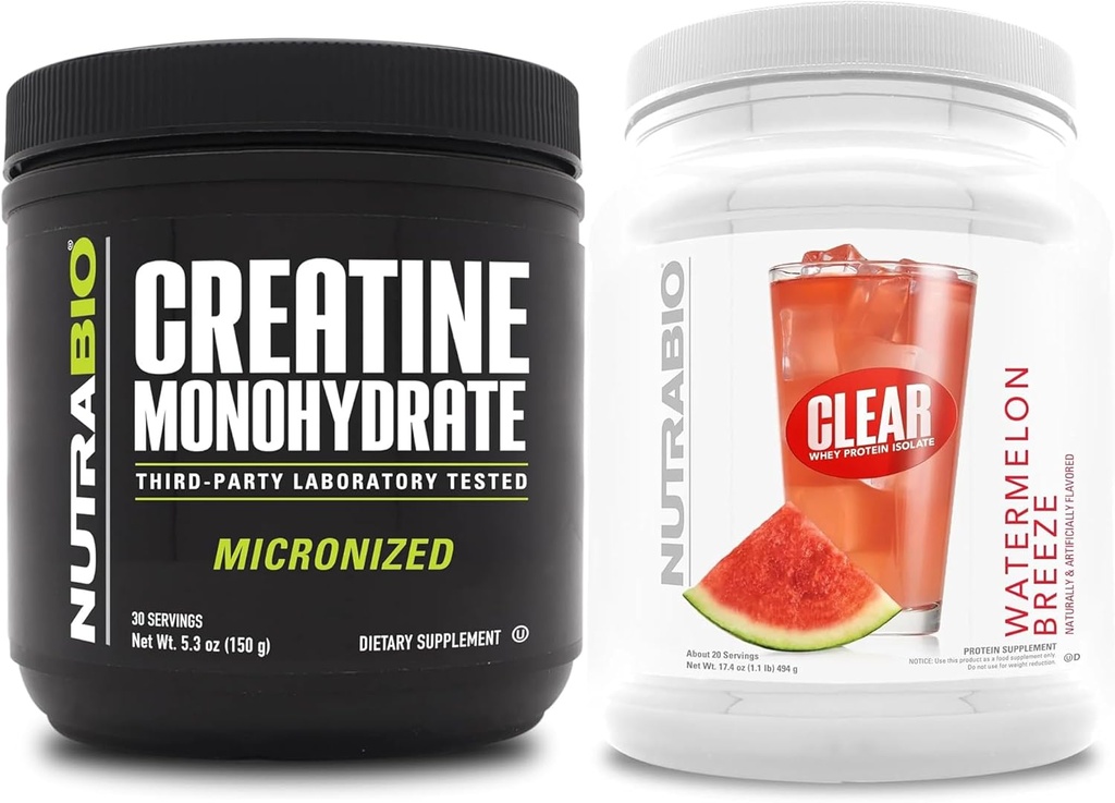 NutraBio Creatine Monohydrate, Unflavored, (150 g) 和 Clear Whey 蛋白质溶液, (Watelon Breeze) 补充 Bundle – 肌肉能源、最大生长、恢复和强度