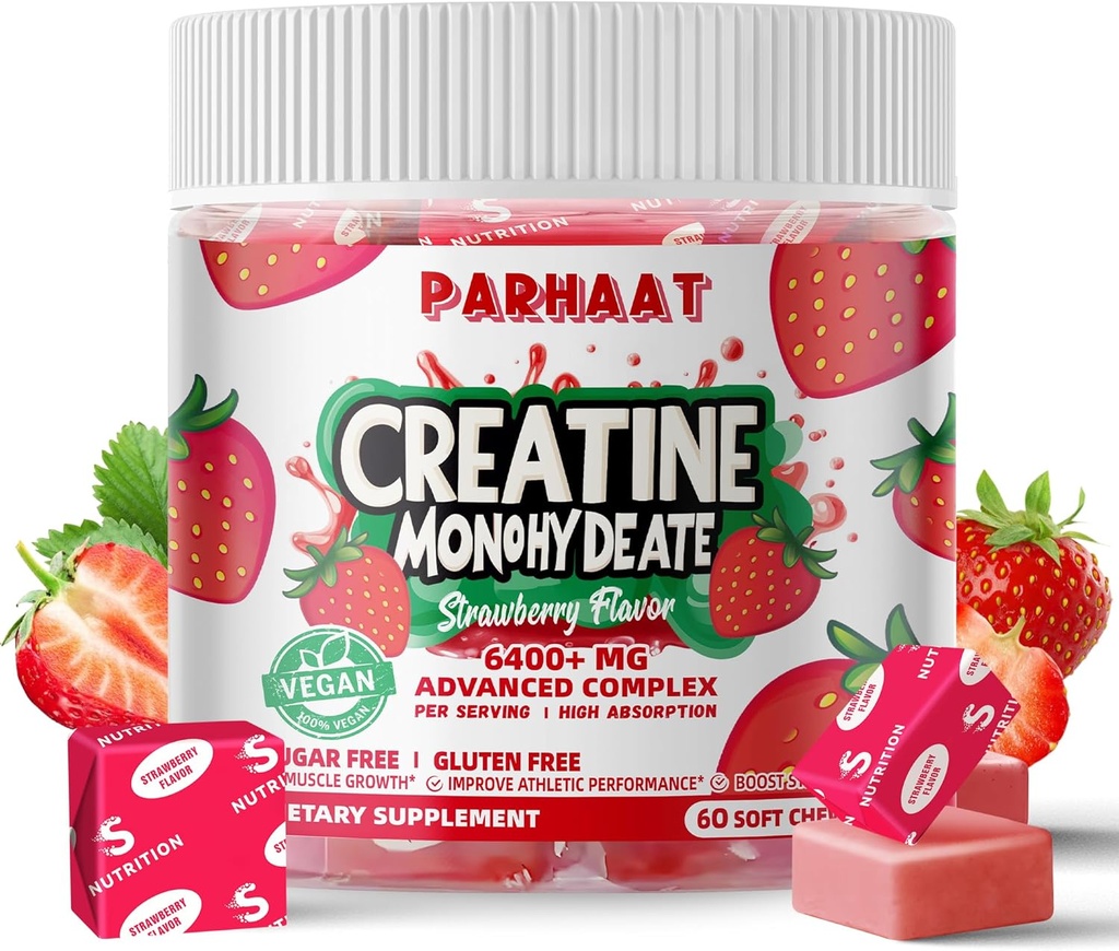 Creatine Monohydrate Chews Complex 6400mg for Men and Women - Advanced Formult W/L-Taurine + Vitamin B12,无糖厨师补充,60 草莓软厨师
