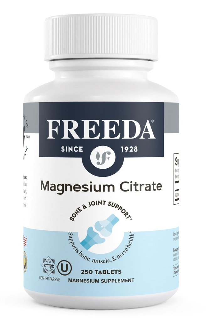 Freeda Magnesium Citrate 400mg Pervice - 高吸力镁 Citrate Taps - Nerve和Bone健康的基本矿物 - Vegan, Kosher, Gluten-Free Magnesium 补编(250Ct)