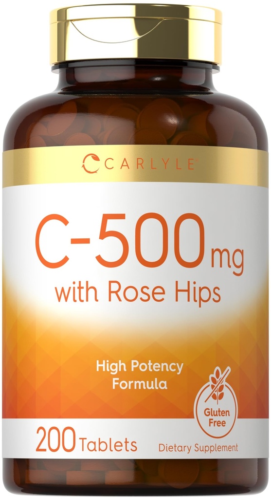 卡莱尔维生素C配有玫瑰 HIPS 500mg | 200平板 | 高概率公式 | 蔬菜,非GMO 和 Gluten 免费补充