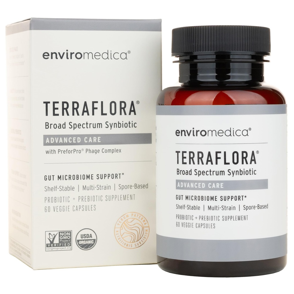 Terraflora 高级护理 共生 - SBO Probiotic和Prebiotic, 消化和古特健康, 土壤分泌预和抗生素, 男女与炭酸杆菌, Subtilis, Vegan - 60 Capsules