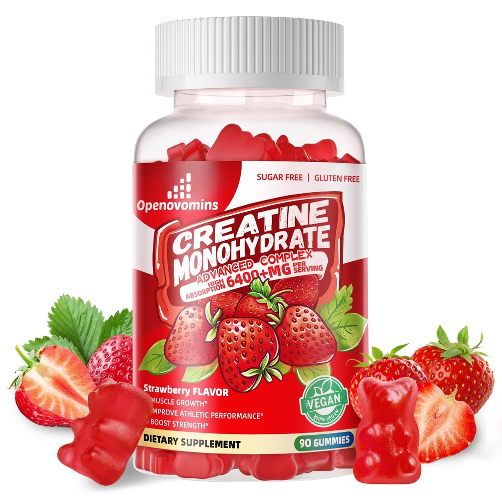Creatine Monohydrate Gummies Complex for Men & Women -Advanced Formula W/L-Taurine + Vitamin B12, Sugar Free Chewable Supplement,90 Strawberry Gummies