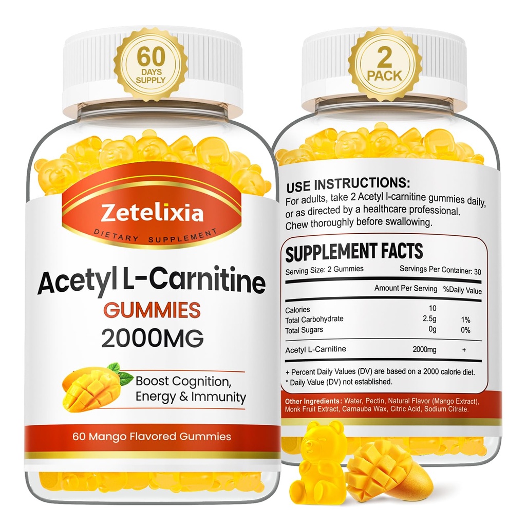 2 Pack Acetyl L-Carnitine Gummys, L-Carnitine 女性和男性补充, 奶牛能量营养补充, 豁免和脑健康, Vegan, Non-GMO, Mango Flamvor, 120 Counter
