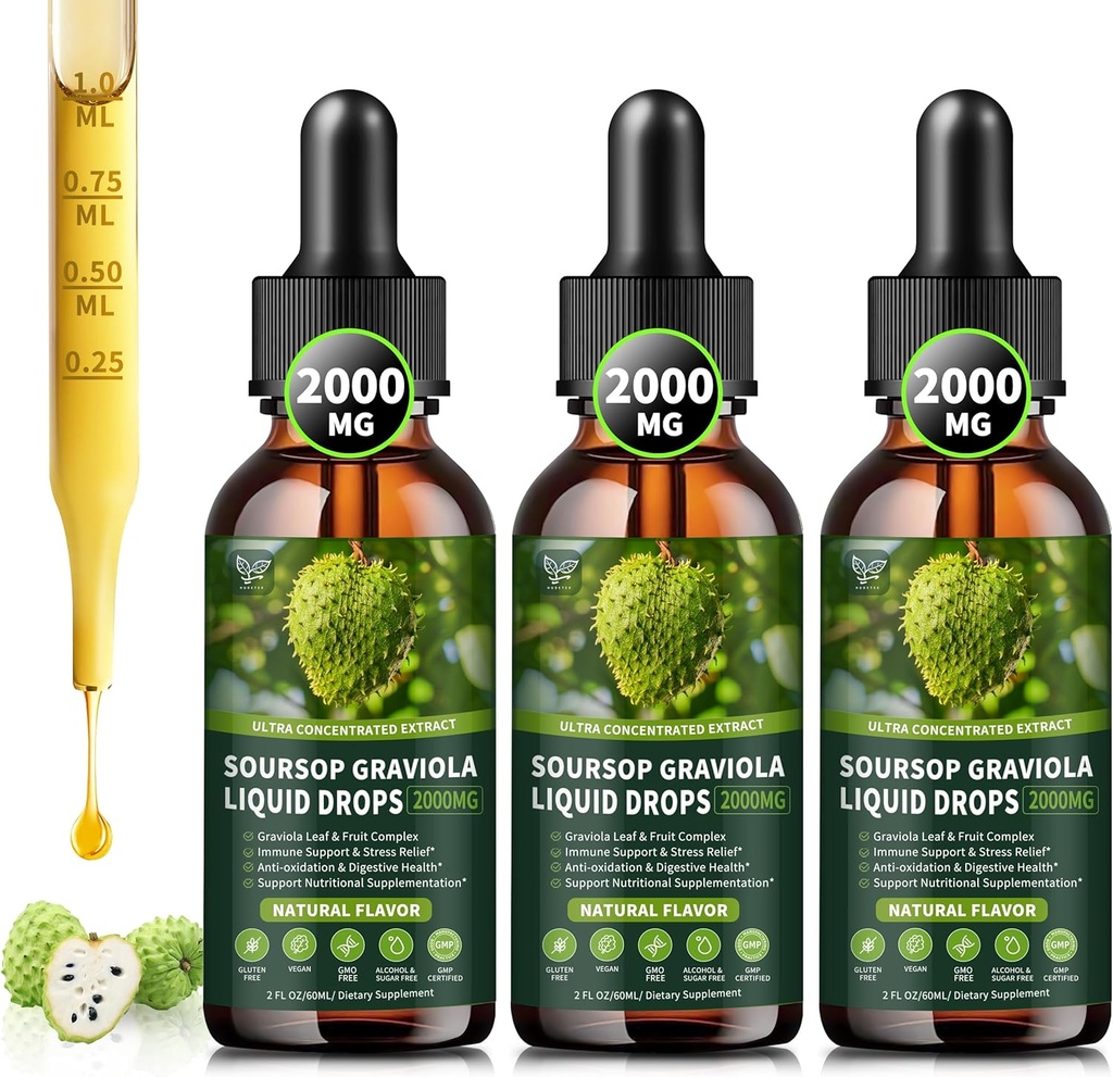(3 Pack) Soursop Graviola 液滴 2000mg, 98% 吸收细胞支持和再生, Imune Boost, Liver, Herbal Goodness, Soursop Bitters 液滴 - Sugar/ Gluten Free, Natural Flavor, 6 Fl Oz
