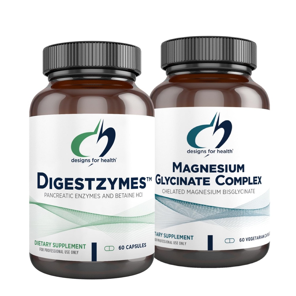 Glycnate Complex (60 Capsules) & Digestzymes (60 Capsules) Bundle - 偶有气体的消化酶和与高吸收性镁的聚酶补充剂的设计