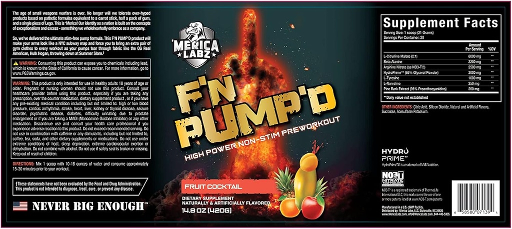 “Merica Labz F'N Pump'D 无兴奋剂,硝酸氧化物,Fully Dosed, Pump PreWorkout粉(20 services)(Fruit Cocktail)”