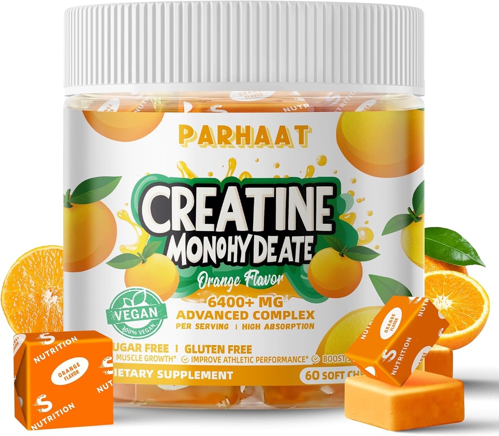 Creatine Monohydrate Chews Complex 6400mg for Men and Women - Advanced Formulated W/L-Taurine + Vitamin B12,无糖厨师补充,60 橙色软壳