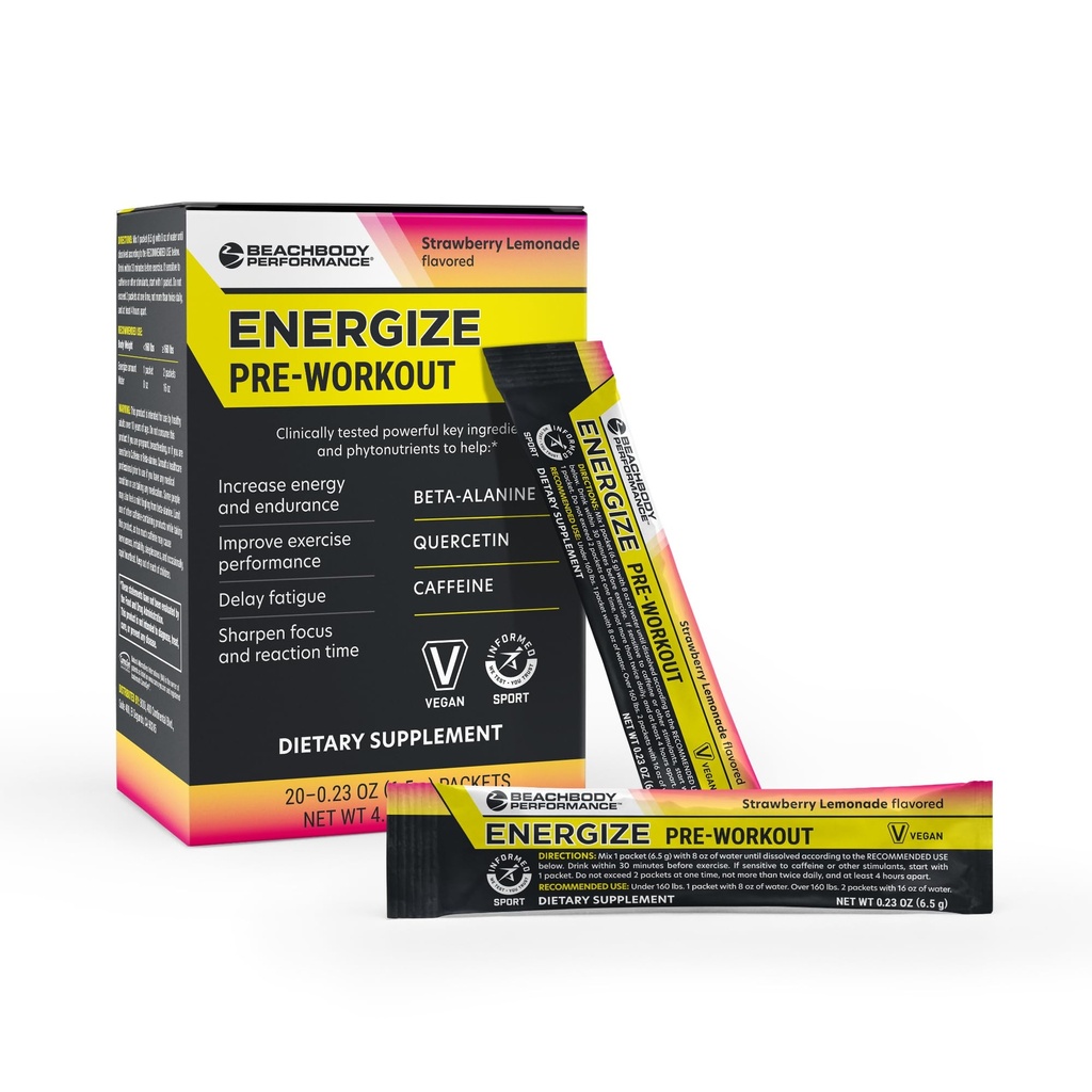 BODi Energize Pre Workout Powder - Beta-Alanine, Quercetin & Low-Dose Caffeine Formula for Enhanced Energy & Focus, Increase Energy & Endurance Supplement, Strawberry Lemonade Flavored, 20 Sticks